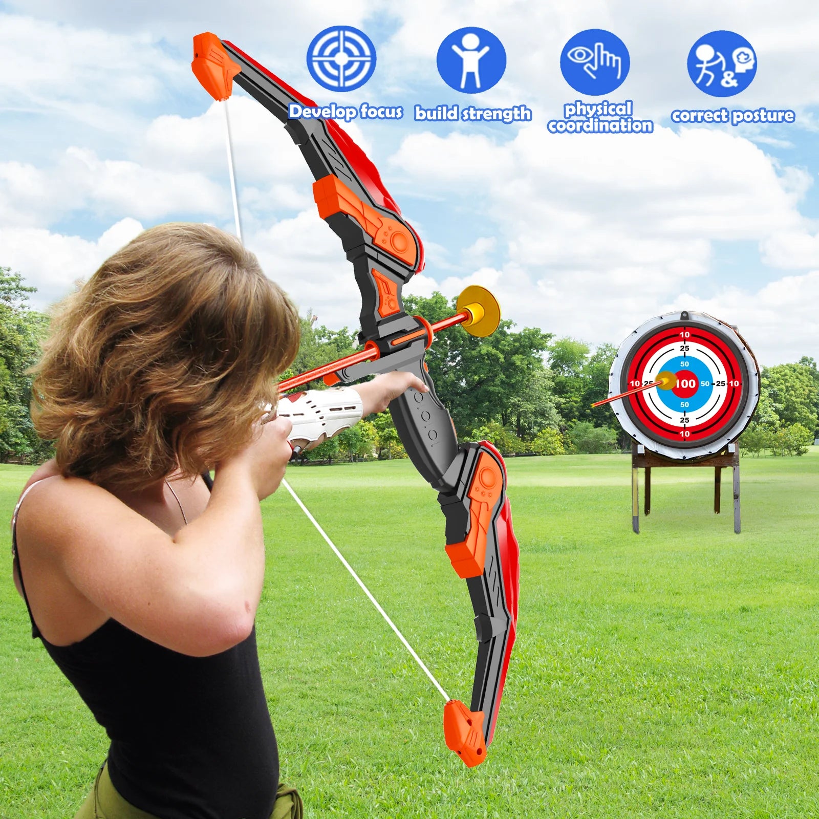LED Bow and Arrow for Kids Light up Archery Toy Set with 10 Suction Cup Arrows Target & Quiver Indoor Outdoor Garden Toys for Boys and Girls Red