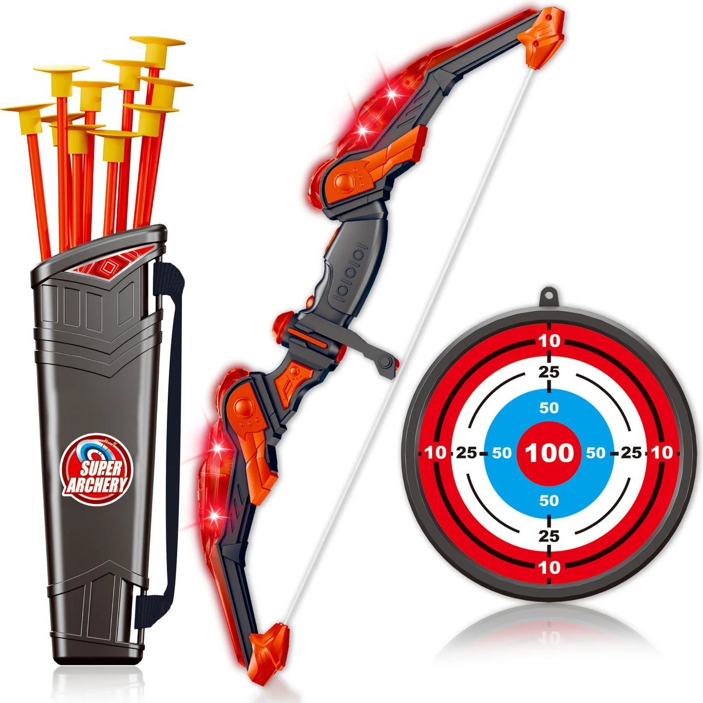 LED Bow and Arrow for Kids Light up Archery Toy Set with 10 Suction Cup Arrows Target & Quiver Indoor Outdoor Garden Toys for Boys and Girls Red