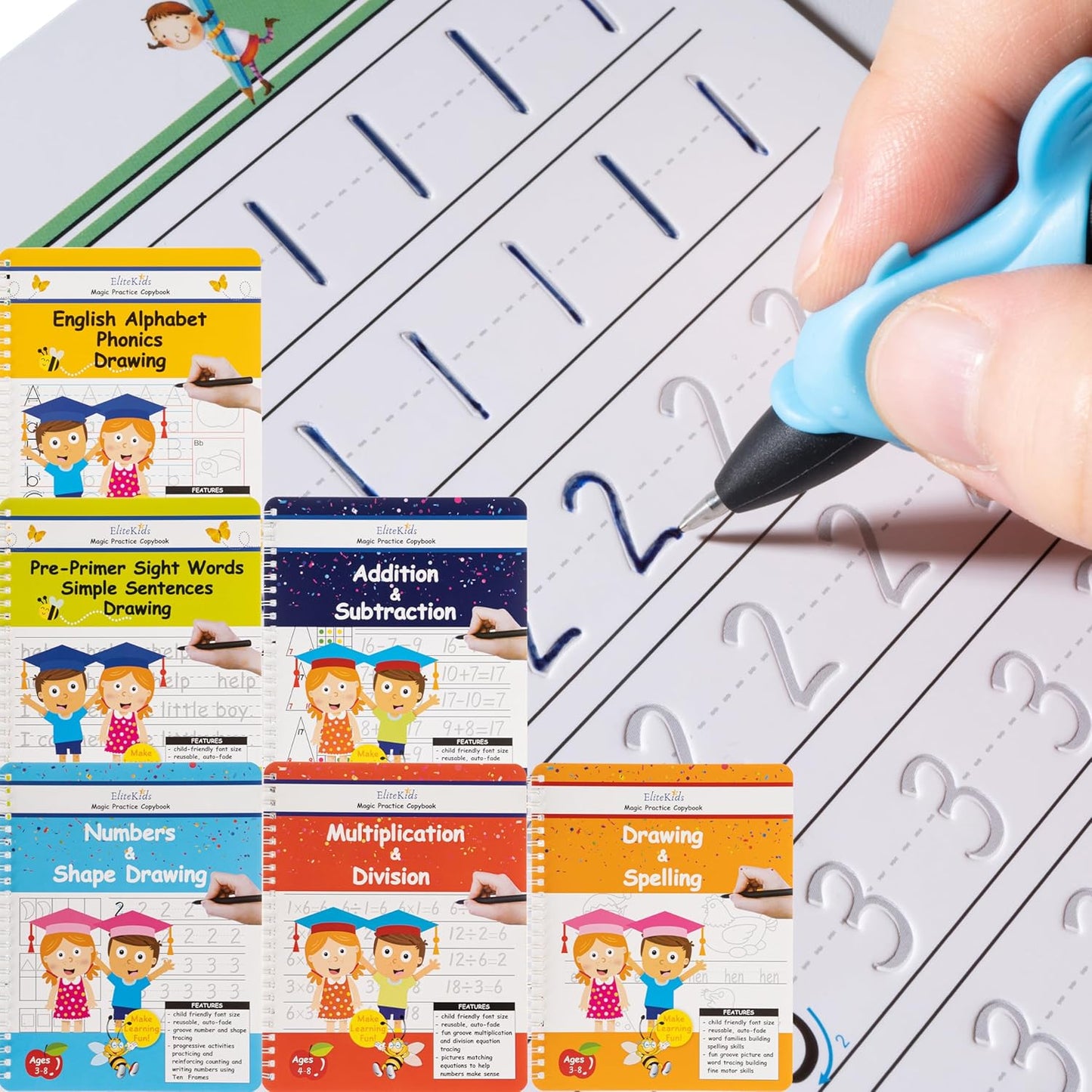 Magic Practice Copybook Set: 6 Reusable Workbooks with Disappearing Ink Pens for Handwriting and Calligraphy Practice for Children Ages 3-5 (8.7 x 6.9 inches)