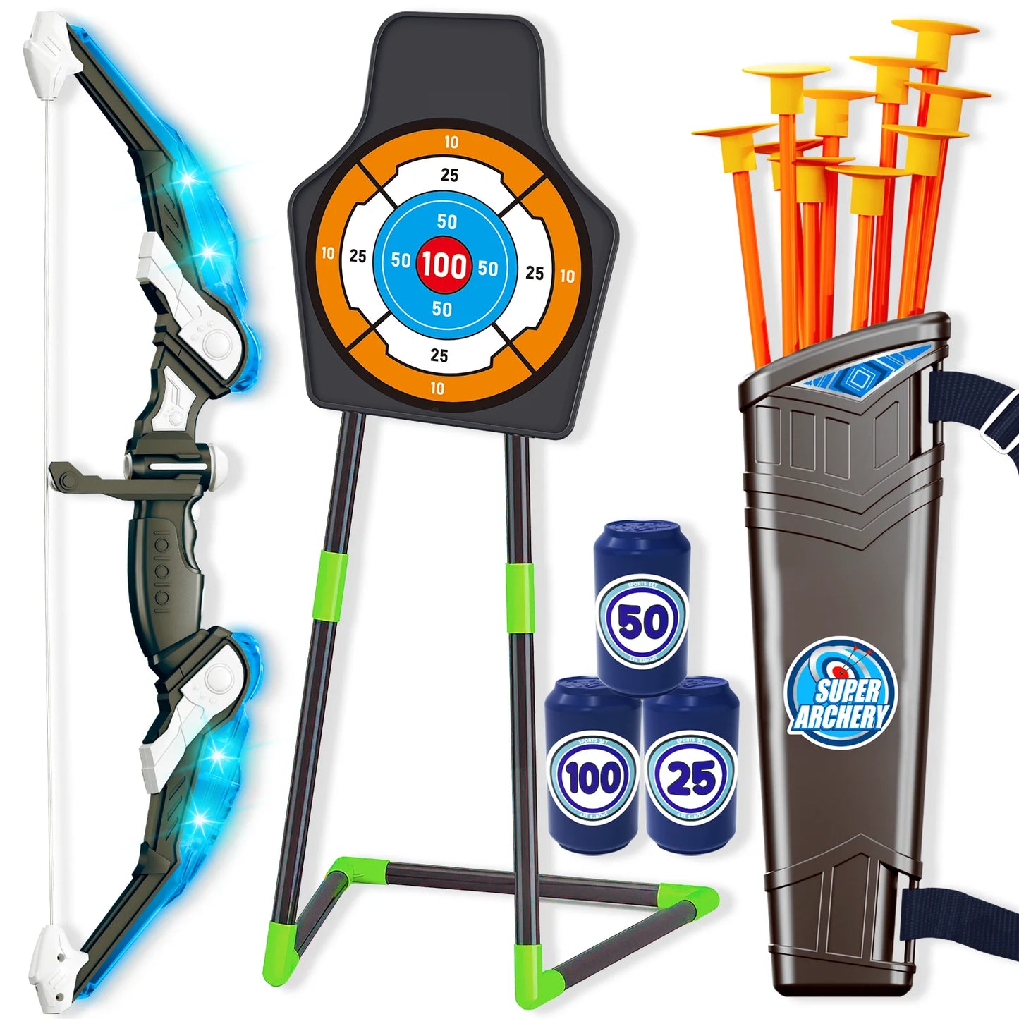 LED Bow and Arrow for Kids Light up Archery Toy Set with 10 Suction Cup Arrows Target & Quiver Indoor Outdoor Garden Toys for Boys and Girls Red