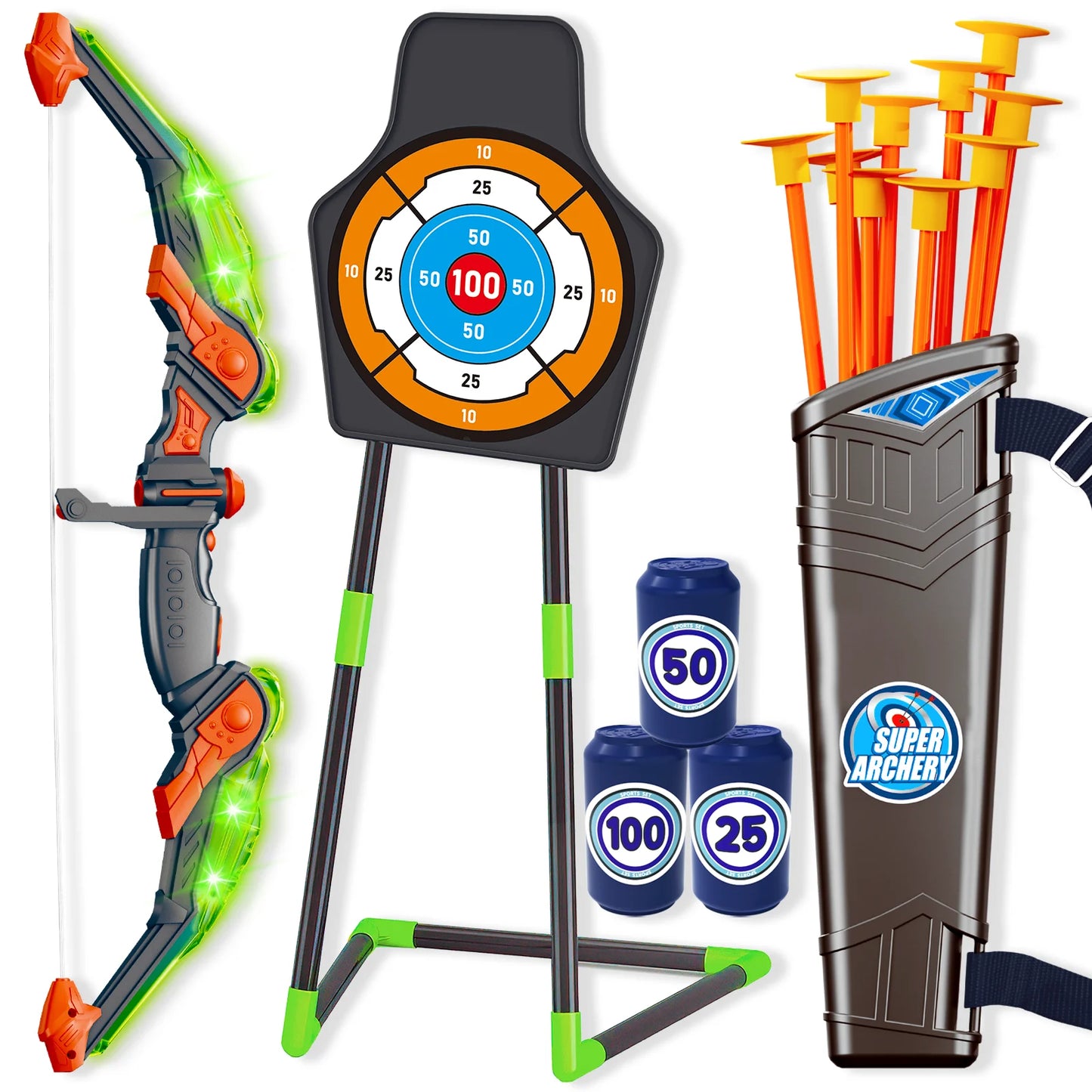 LED Bow and Arrow for Kids Light up Archery Toy Set with 10 Suction Cup Arrows Target & Quiver Indoor Outdoor Garden Toys for Boys and Girls Red