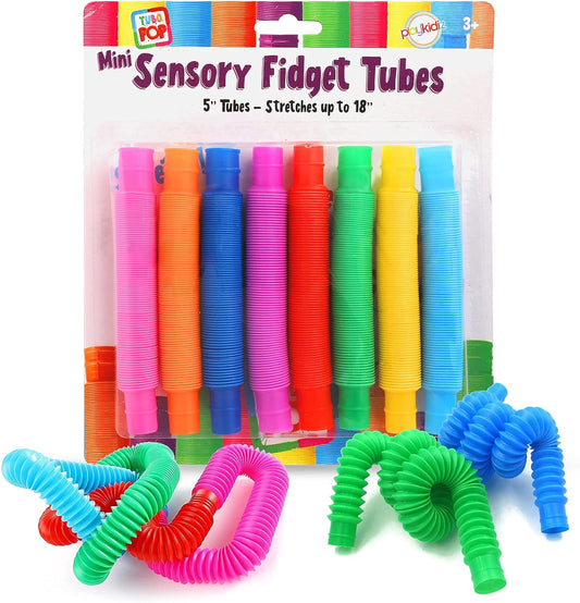 Playkidiz Pop Tubes, 8 Pack Mini 5" Sensory Fidget Tubes, Stretch up to 18" Long, Stress Reliever Pipe Toy, Popular Plastic Fidget Tubes for Boys and Girls, Ages 3+