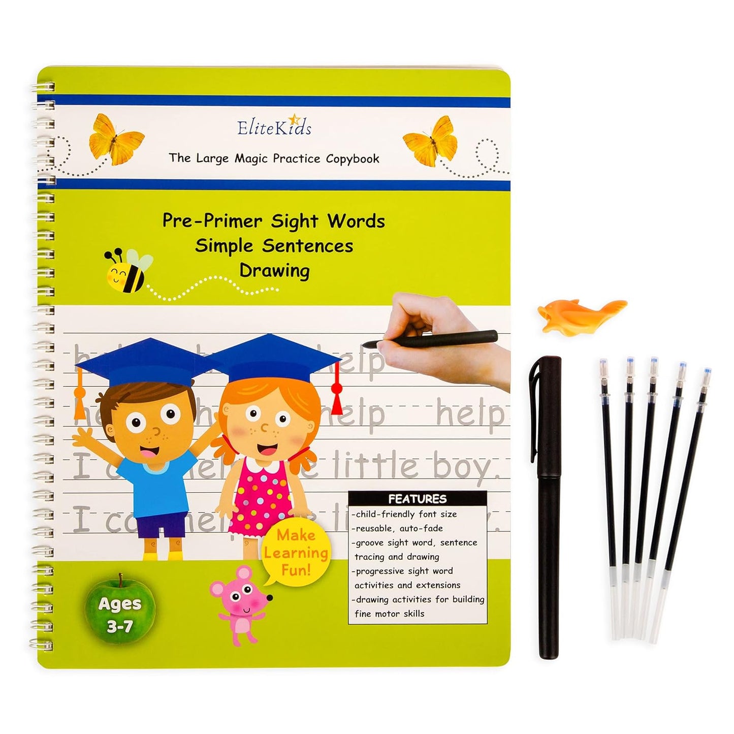 Magic Practice Copybook Set: 6 Reusable Workbooks with Disappearing Ink Pens for Handwriting and Calligraphy Practice for Children Ages 3-5 (8.7 x 6.9 inches)