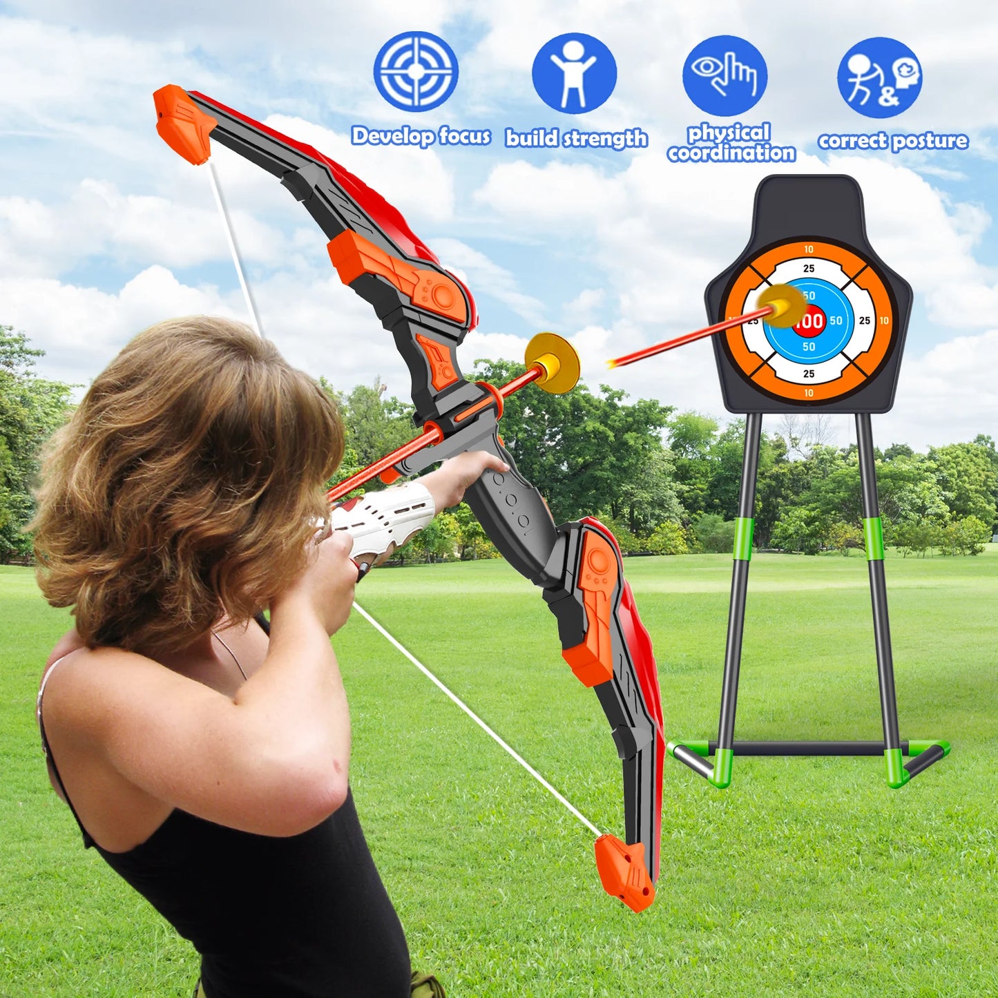 LED Bow and Arrow for Kids Light up Archery Toy Set with 10 Suction Cup Arrows Target & Quiver Indoor Outdoor Garden Toys for Boys and Girls Red