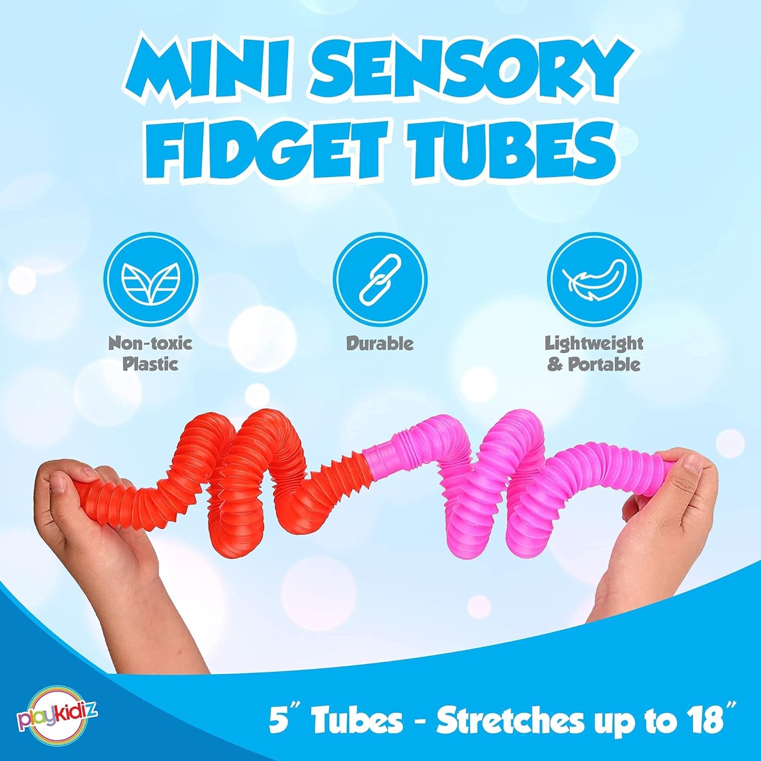 Playkidiz Pop Tubes, 8 Pack Mini 5" Sensory Fidget Tubes, Stretch up to 18" Long, Stress Reliever Pipe Toy, Popular Plastic Fidget Tubes for Boys and Girls, Ages 3+