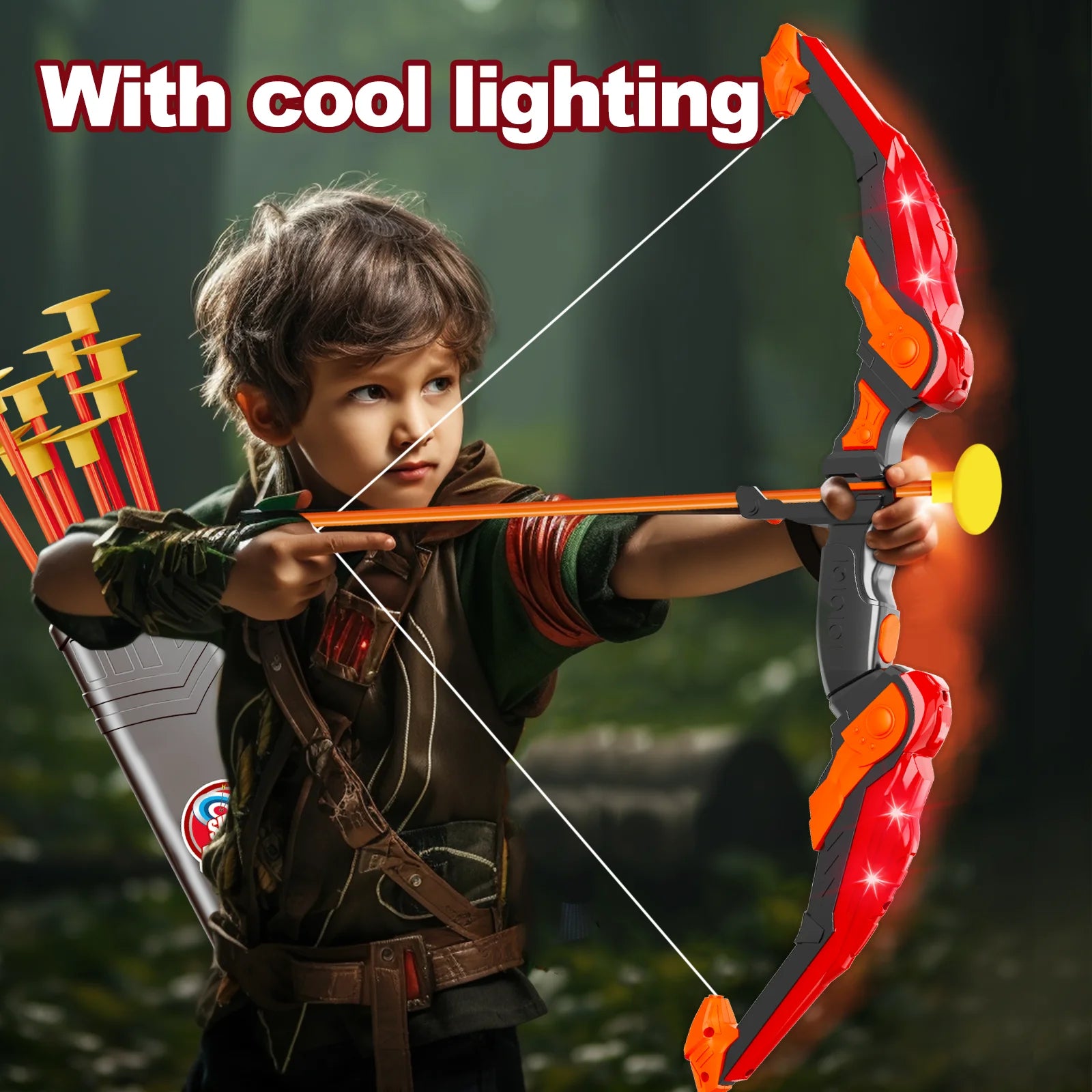 LED Bow and Arrow for Kids Light up Archery Toy Set with 10 Suction Cup Arrows Target & Quiver Indoor Outdoor Garden Toys for Boys and Girls Red
