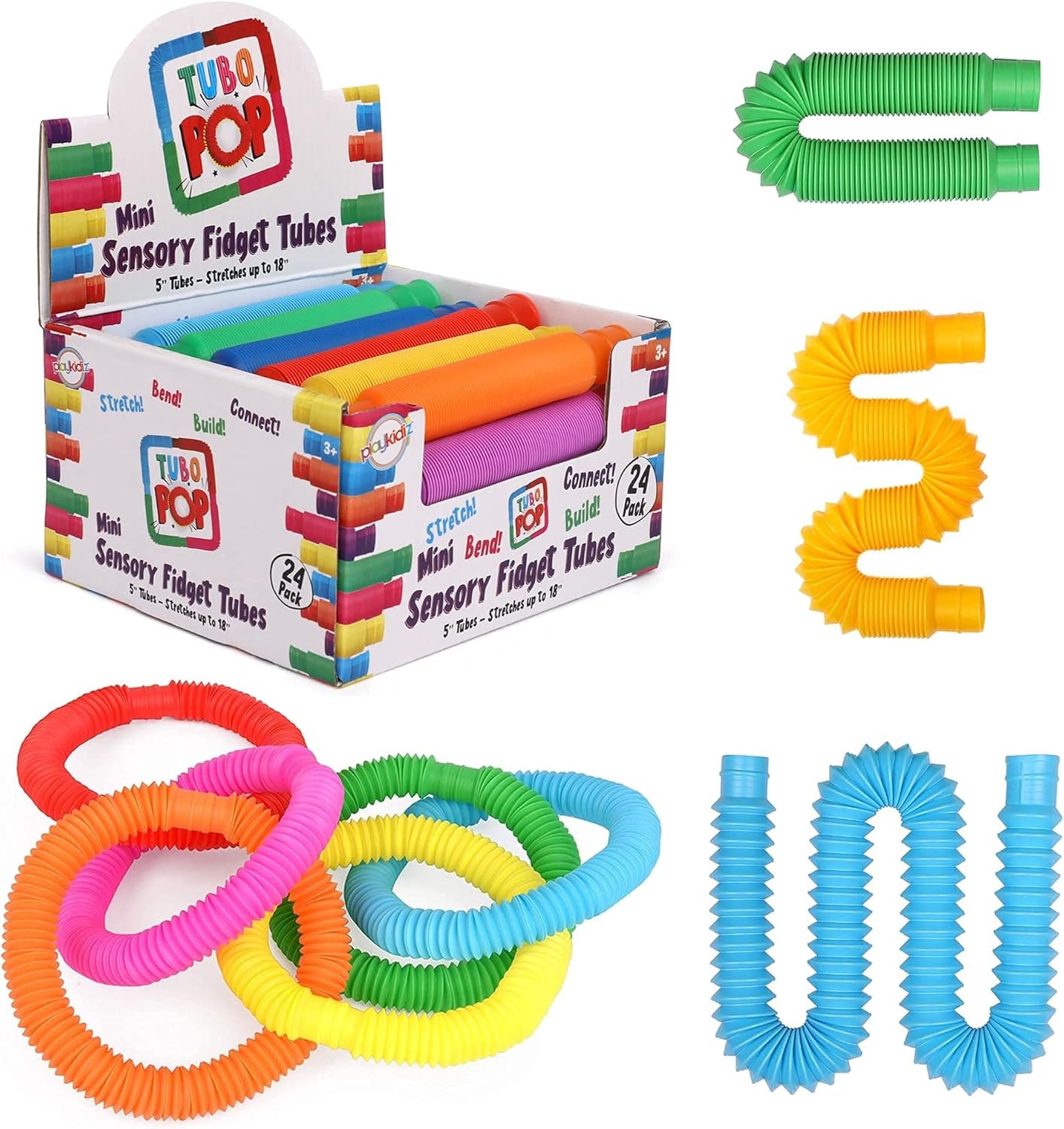 Playkidiz Pop Tubes, 8 Pack Mini 5" Sensory Fidget Tubes, Stretch up to 18" Long, Stress Reliever Pipe Toy, Popular Plastic Fidget Tubes for Boys and Girls, Ages 3+