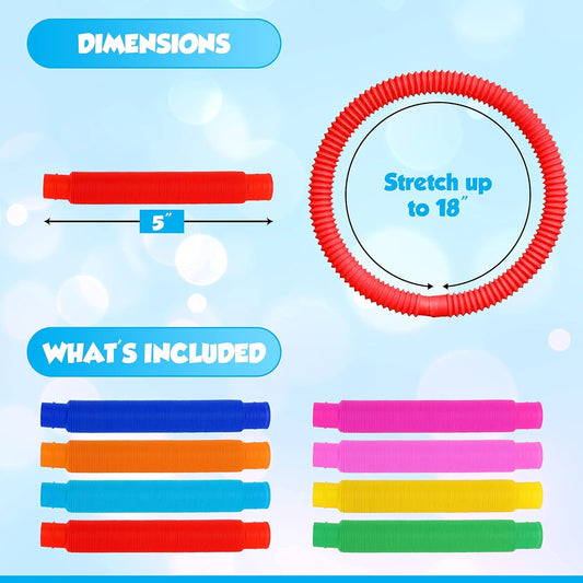 Playkidiz Pop Tubes, 8 Pack Mini 5" Sensory Fidget Tubes, Stretch up to 18" Long, Stress Reliever Pipe Toy, Popular Plastic Fidget Tubes for Boys and Girls, Ages 3+