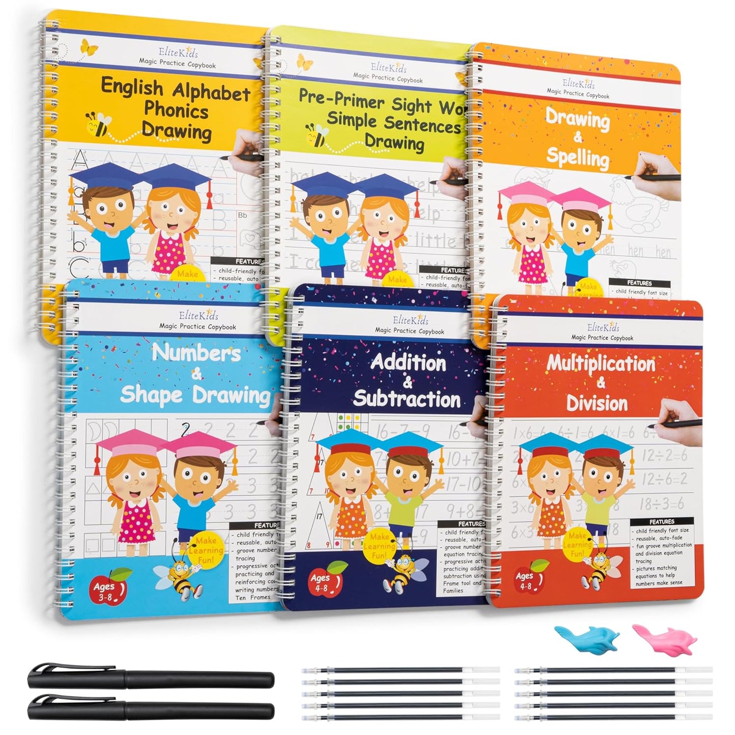 Magic Practice Copybook Set: 6 Reusable Workbooks with Disappearing Ink Pens for Handwriting and Calligraphy Practice for Children Ages 3-5 (8.7 x 6.9 inches)