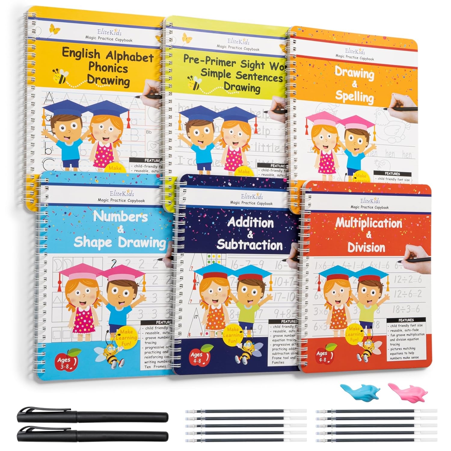 Magic Practice Copybook Set: 6 Reusable Workbooks with Disappearing Ink Pens for Handwriting and Calligraphy Practice for Children Ages 3-5 (8.7 x 6.9 inches)